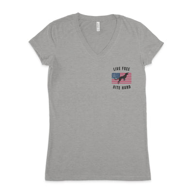 Live Free Bite Hard V Neck Tee Back Print