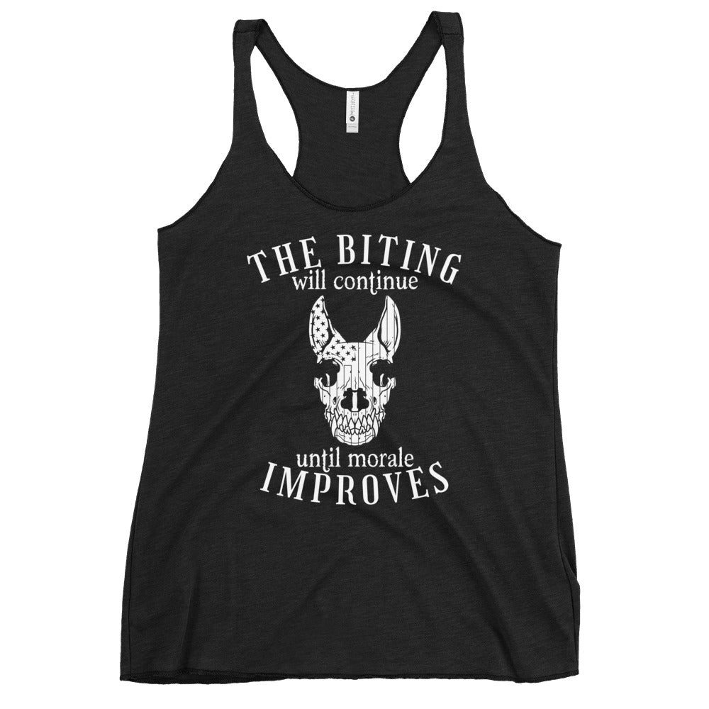 The Biting Will Continue Until Morale Improves Racerback Tank