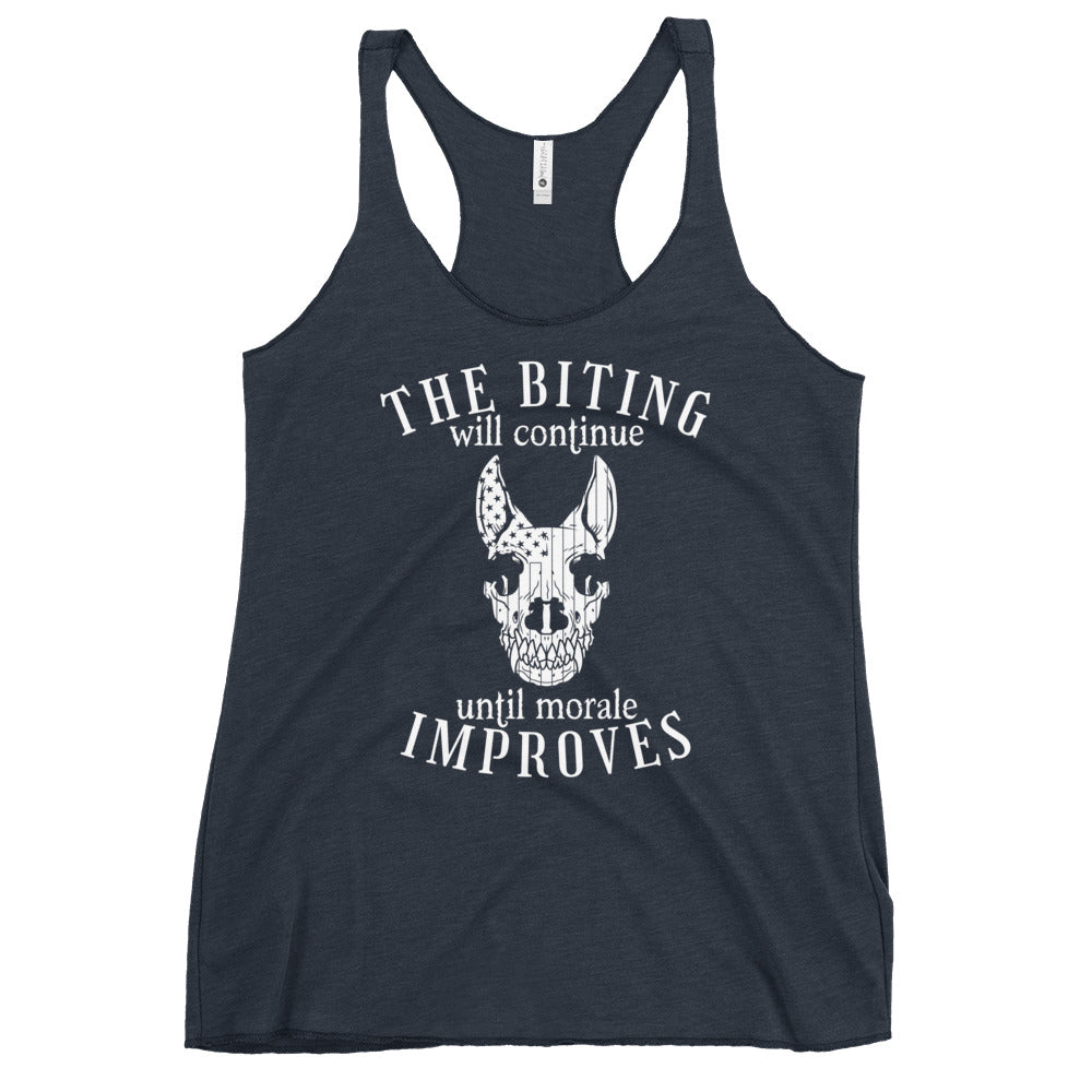 The Biting Will Continue Until Morale Improves Racerback Tank