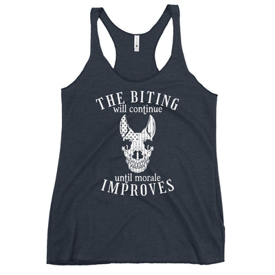 The Biting Will Continue Until Morale Improves Racerback Tank