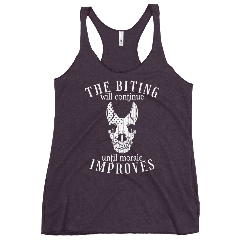 The Biting Will Continue Until Morale Improves Racerback Tank