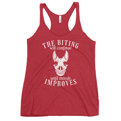 The Biting Will Continue Until Morale Improves Racerback Tank